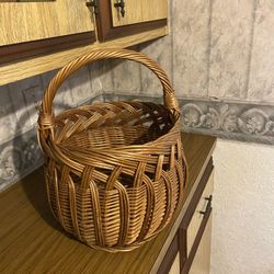 Vintage 1970’s Rattan Gathering Or Market Basket 
