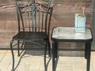 Black Wrought Iron Patio Chair and Side Table