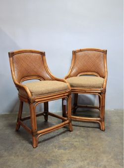 Pair Vintage Coastal Woven Rattan Stools with New Upholstered Cushions