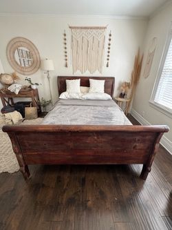 Vintage wood queen sleigh bed frame