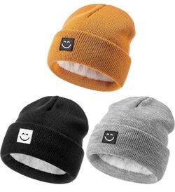 Baby Beanie Hat 3 Packs with Cute Smiley Face, Toddler Girls Boys Baby Hats Winter, Kids Winter Hat Cold Weather