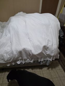 White full/queen comforter stain on ruffle from storage