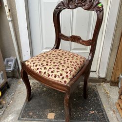 Antique Duncan Phyfe Dining Chair Solid Mahogany Carved Rose Back Rose Upholster