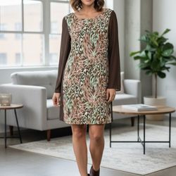  brown and multi-color printed long-sleeve shift dress Size S