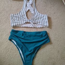 "SHADE & SHORE" Dandelion Yellow Bikini & Brand New Green and White Striped Bikini Bathing Suits