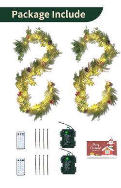 NUPTIO Artificial Christmas Garland with Lights: 2Pcs 6.2Ft Pre-Lit Gold Glitter Garland with Pine Cones Red Berry Eucalyptus - Xmas Decorations for M