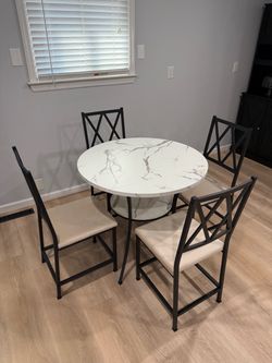 5-Piece Marble-Look Drop-Leaf Table Set – 4 Chairs