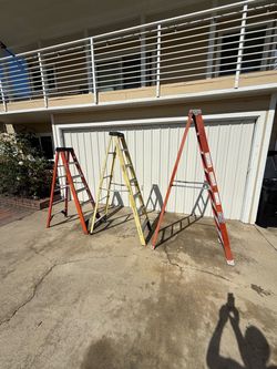 3In Upland 91784. 3 fiberglass step ladders 300 lbs rated 6’ Werner 7’ Husky 8’ Louisville no cracks good condition $225 cash in Upland 91784