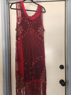 Vintage 1920s Flapper Style Red Beaded & Sequined Fringe Dress - Size XL