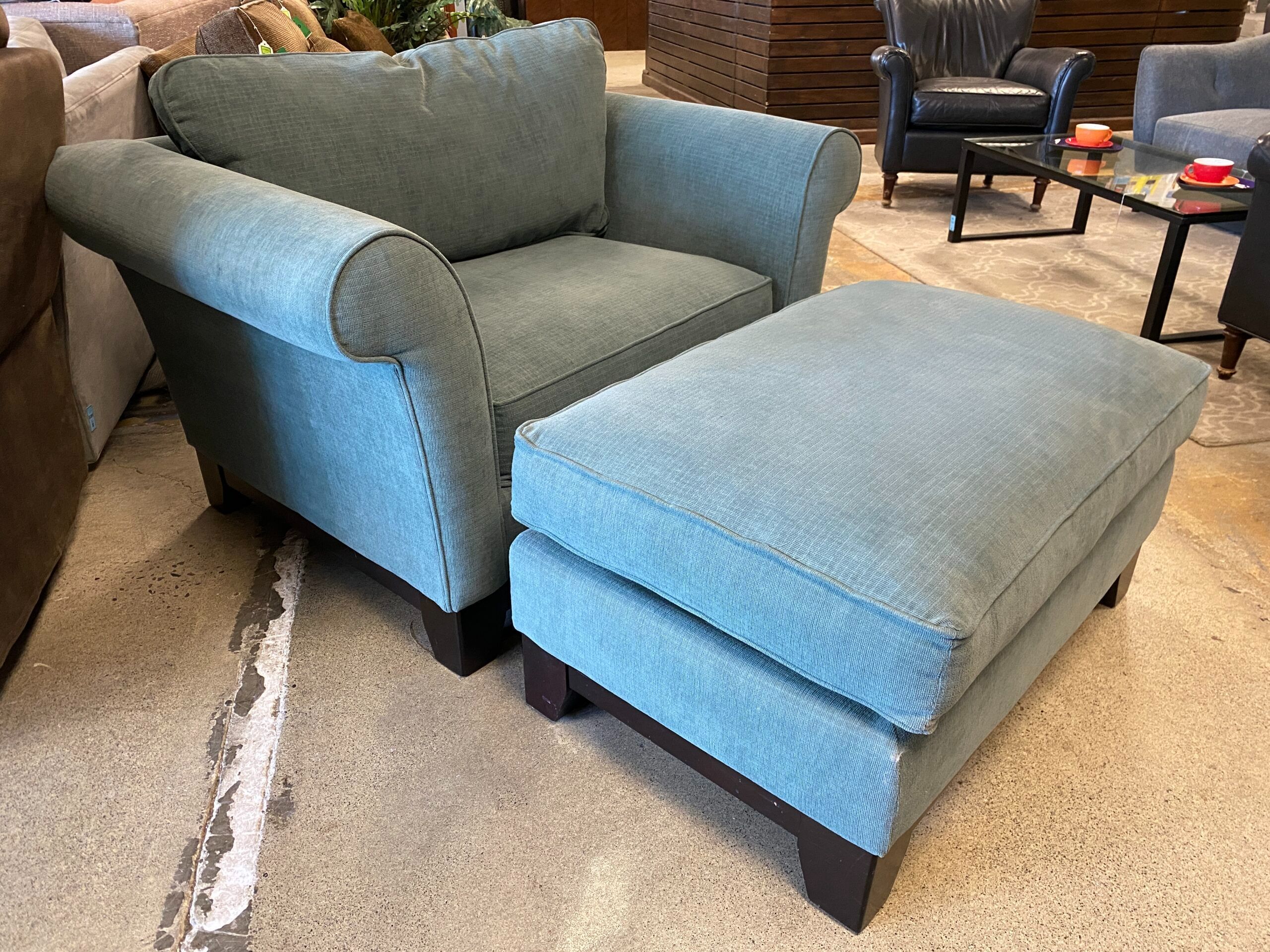 LA-Z-BOY Teal Upholstered Wide Armchair w/ Matching Ottoman