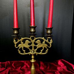 Vintage Brass "Lions" Candelabra Featuring Three Candle Holders