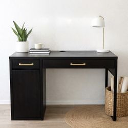 Modern Black Desk with Storage & Brass Hardware 
