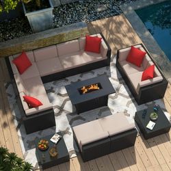New 13 Pieces Rattan Patio Furniture Conversation Set with 45" Gas Propane 50000 BTU Fire Pit Table Outdoor Sectional Sofa for Backyard,Beige  New in 