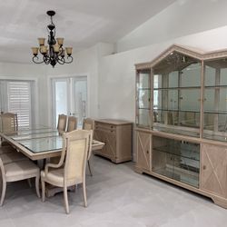 White Solid Oak Dining Table, 8 Chairs, China Cabinet And Server