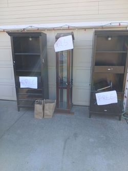 FREE Furniture Pile! Two Bookcases / Media Towers & Glass Display Case – Must Pick Up Today!