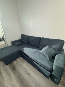 Blue Fabric Sectional Sofa with Storage Chaise