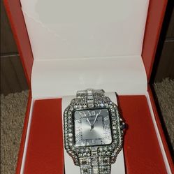 Silver C Santos Watch, Iced Out Watch (Passed Diamond Tester)