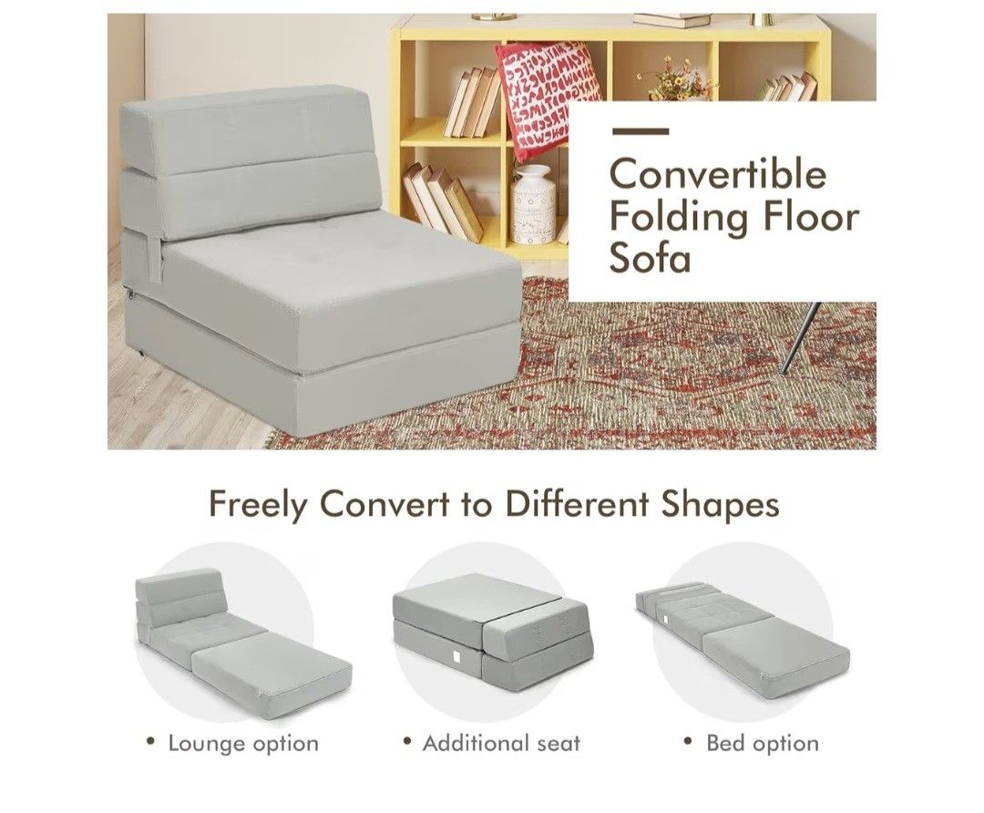 Triple Fold Down Sofa Bed, 3-in-1 Fold Floor Couch Lounge Sleeper with Thick Cushion, Flock Fabric, Convertible Design, Portable Single Guest Bed Matt