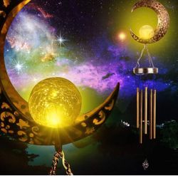 Solar Wind Chimes for Outside Moon WindChimes Outdoor Clearance with Crackle Glass Ball&5 Waterproof Hollow Rust Resistant Pipes Bell Wind Chime for U