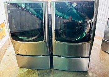 LG Front Load Washer & Dryer Set - Black Stainless w/ Pedestals