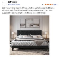 King Bedframe Tufted Velvet With King 12 Inch Mattress, Memory Foam