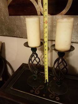 Candle holders; metal; gold and green glass; qty 2-$15