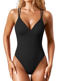OQQ Black One Piece Crossback V Neck Swimsuit Women’s Size Medium