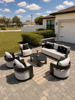 Stunning 7 Piece Modern Aluminum Conversation Set With Swivel Chairs