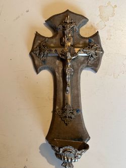 ANTIQUE FRENCH RELIC CRUCIFIX with HOLY WATER FONT