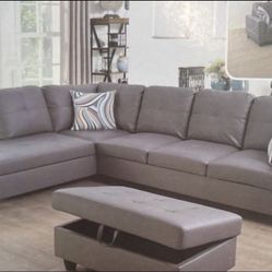 Gray Leather Sectional Couch And Ottoman