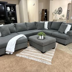 Living Spaces Grey Sectional Couch w/ Matching Ottoman 
