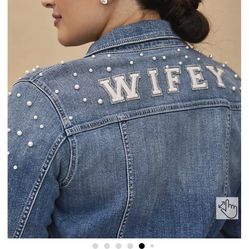 Wifey Embroidered Faux Pearl Denim Med Wash Jean Jacket
