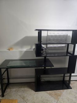 L-Shaped Home Office Computer Desk with Rotating Corner Table, 5-Tier Bookshelf, Lockable Casters, Four Installation Methods,
