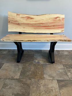 Live Edge Box Elder Bench with Backrest and Metal Legs