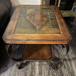 Stone Top Wood & Wrought Iron End Table