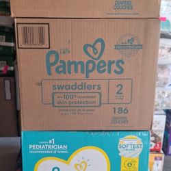 Pampers diapers size 2, count 186. Huge box.