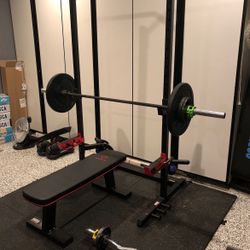 Sunny Health And Fitness Power Zone Squat Stand, Marcy Flat Bench, Barbell, Hex bar, 25 Lb Rubber Weights, Clips, Weight Stand, 