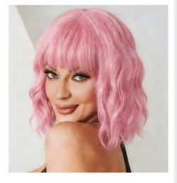 Pastel Pink Wavy Bob Wig with Bangs,