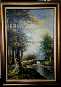 Vintage framed oil painting on canvas depicting a serene forest river landscape. 43"×31"