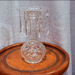 Vintage Crystal Taper Candle Holder with Hanging Prisms • Cut Glass Detail