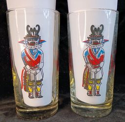 Mid Century Vintage Libbey's Hopi Katchina Doll Cocktail Barware Glasses Set of 2