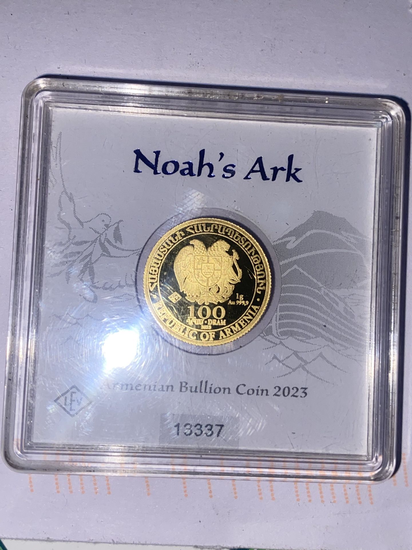 2025 Armenian Mint 'Noah's Ark' Pure Gold 1 gram Proof 100 Dram Coin in Case