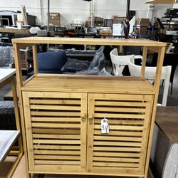 Newly Assembled Storage Cabinet Bamboo Bathroom Floor Cabinet with Double Louvered Doors Open Shelf