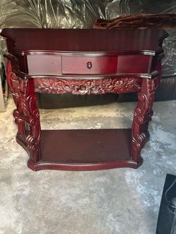 Cherry Wood Carved Console Table with Drawer