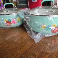 Pioneer Woman Breezy Blossom-5qt Dutch Oven W/lid& 4.5qt Saute Pan W/Lid Set