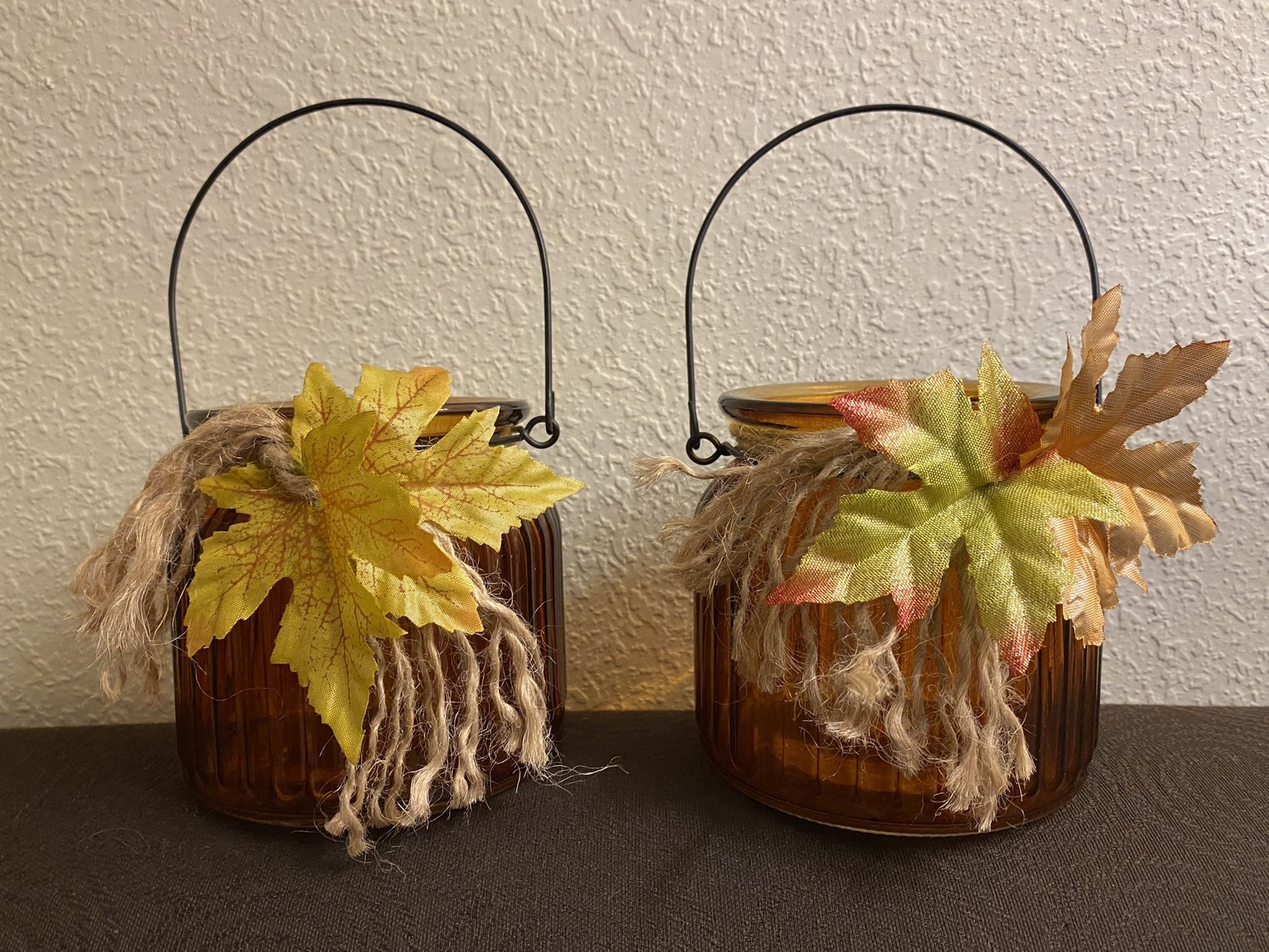 2 Glass Hanging Candle Holders Amber Fall Decor