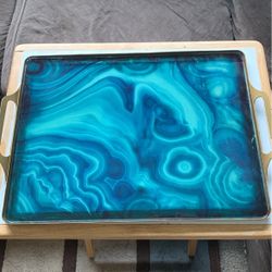 Vintage Metal Glass Storage Tray Blue Agate Marbling Pattern Golden Storage Vanity Tray 