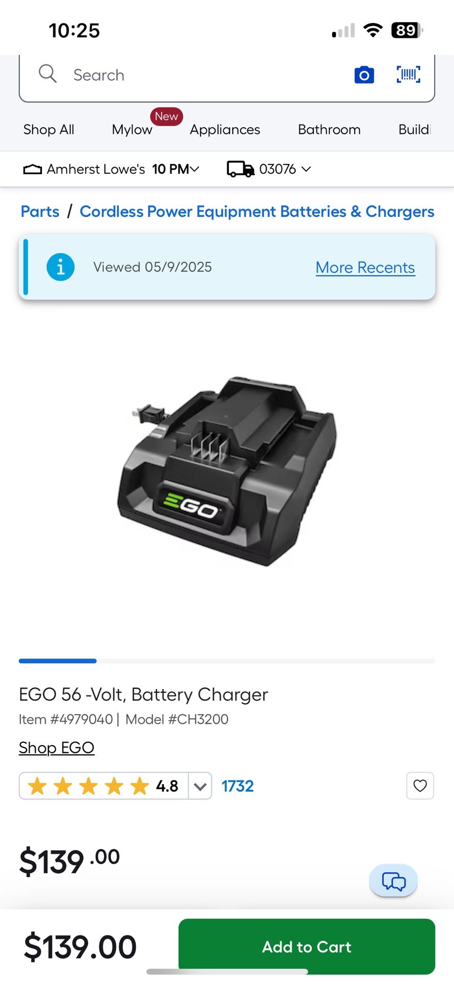 NEW : EGO Model : CH3200 56v Battery Charger