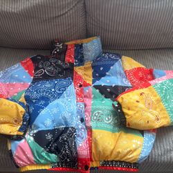 multicolour patchwork bandana puffer jacket
