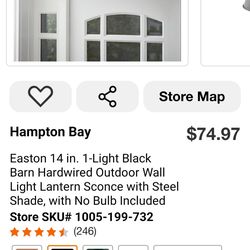 BRAND NEW NIB Hampton Bay Easton - Medium Exterior Wall Lantern Gloss Black Finish